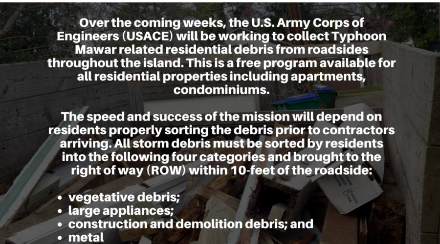 Over the coming weeks, the U.S. Army Corps of Engineers (USACE) will be working to collect Typhoon Mawar related residential debris from roadsides throughout the island. This is a free program available for all residential properties including apartments, condominiums. The speed and success of the mission will depend on residents properly sorting the debris prior to contractors arriving. All storm debris must be sorted by residents into the following four categories and brought to the right of way (ROW) within 10-feet of the roadside: • vegetative debris; • large appliances; • construction and demolition debris; and • metal Debris should not block the roadway, fire hydrants, powerlines, utilities or transformer boxes. In addition, debris should not be blocked by parked cars, abandoned cars, or by other means.